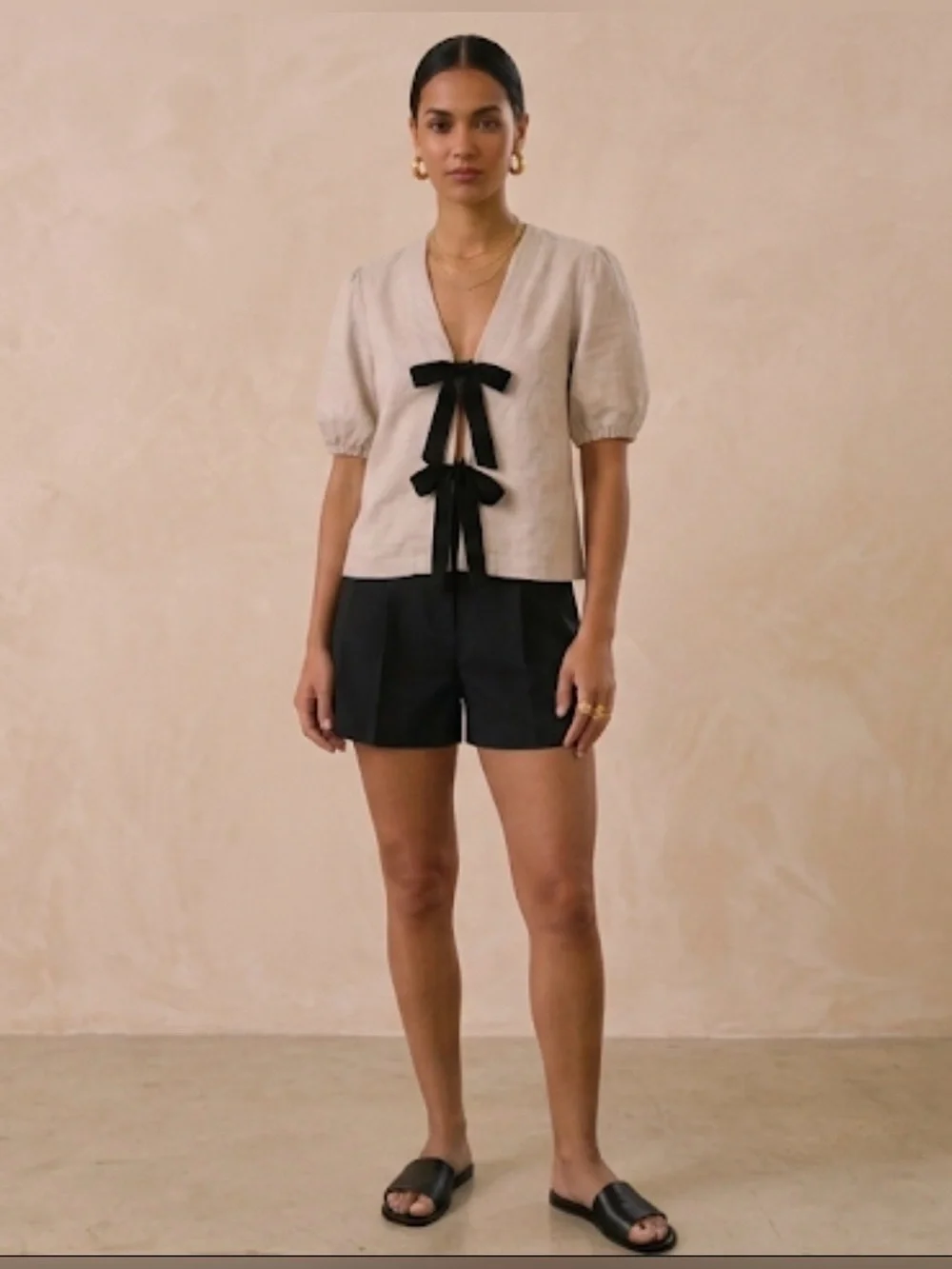 Zara Beige Linen Short Sleeve Top with Black Bow Ties Small